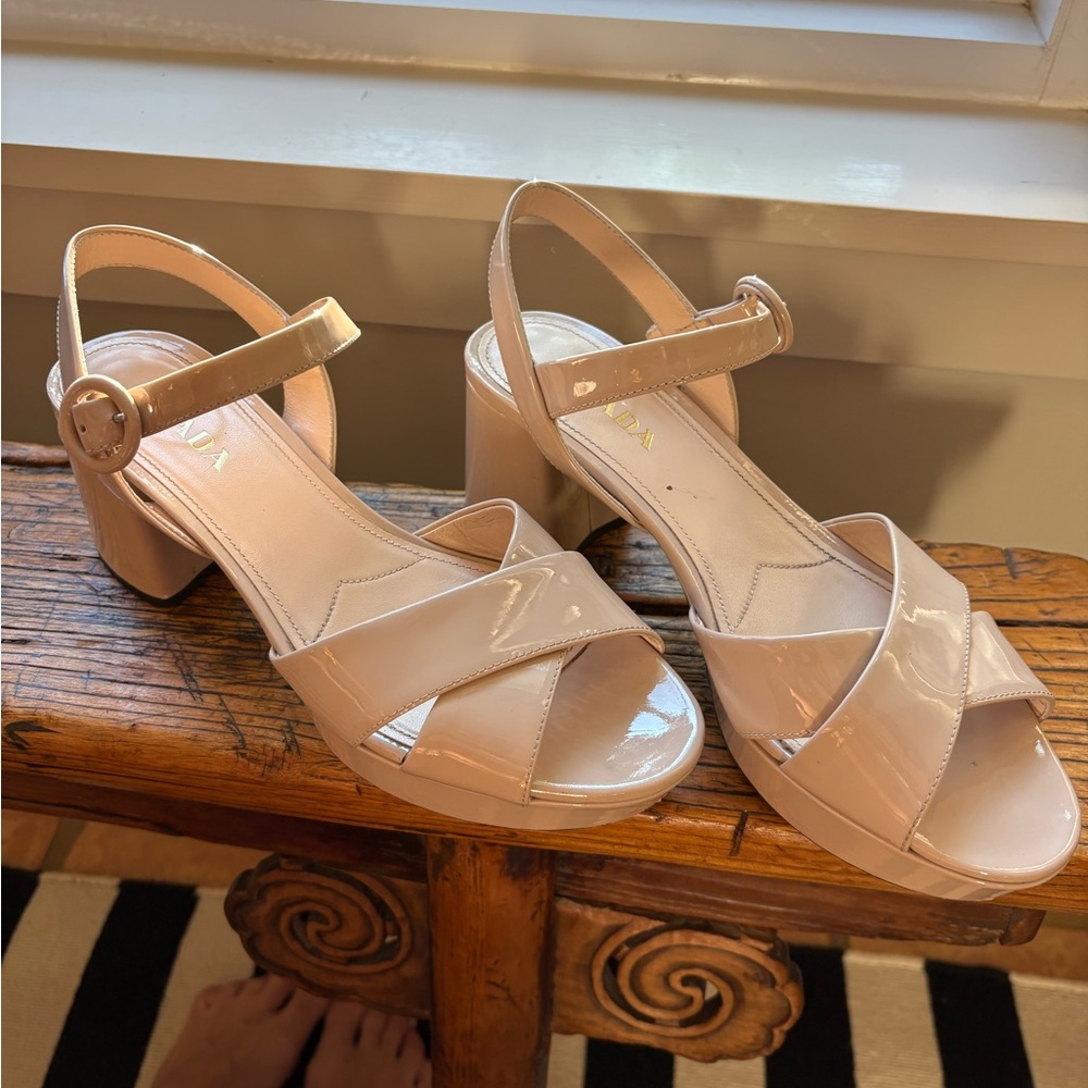 Prada leather Nude tan Patent Leather platform sandals.  Good condition. Sz 39/9